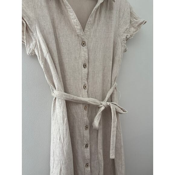 Lulus Italian Summer Linen Midi Dress Womens Medium Beige Button Front Tie Waist - Picture 8 of 13